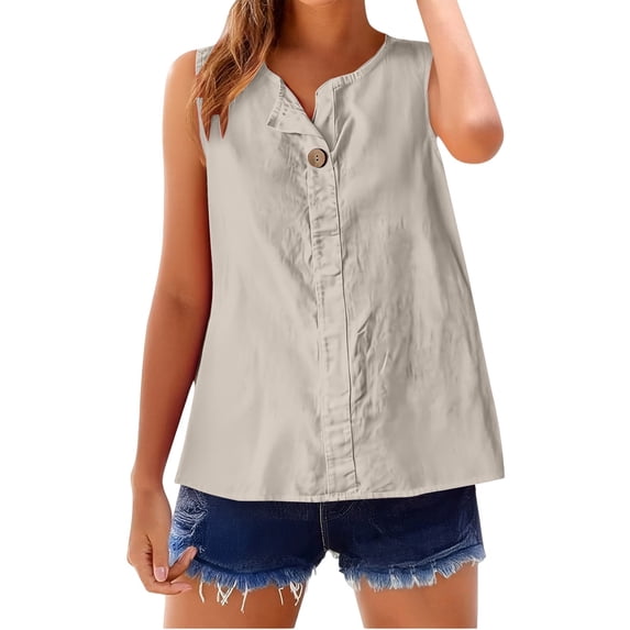 Duoif Womens Tank Tops Button down Linen Tank, Lightweight Summer Blouse Going Out Tops for Women Beige L