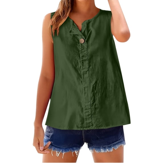 Duoif Womens Tank Tops Button down Linen Tank, Lightweight Summer Blouse Going Out Tops for Women Blackish Green XL