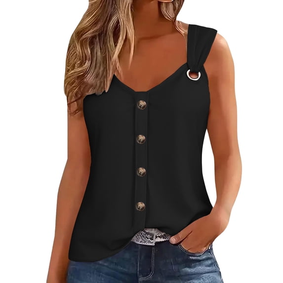 Duoif Womens Tank Tops, Ladies' Button Front Camisole Top, Casual Solid Color Vest Womens Shirts Black L