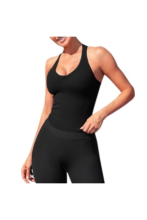 Womens Tank Tops Ribbed Racerback Workout Tank, Built-In Bra Athletic Top Womens Shirts Black L