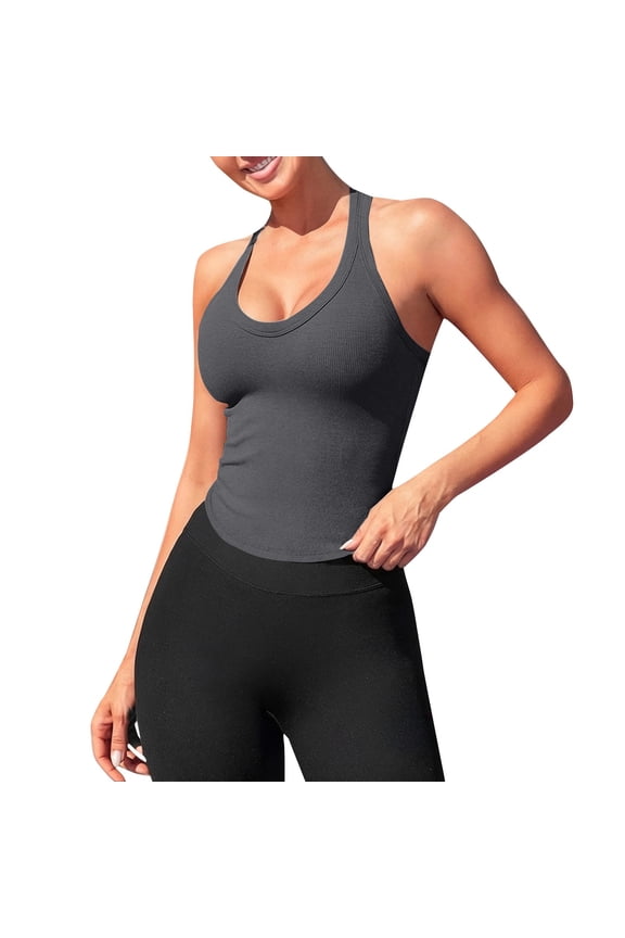 Womens Tank Tops Ribbed Racerback Workout Tank, Built-In Bra Athletic Top Womens Shirts Dark Gray L