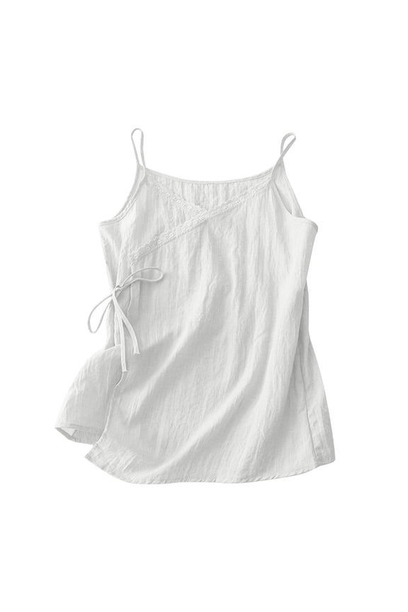 Womens Tops Cotton Linen Tank Top Women Wrap V Neck Tie Side Sleeveless Shirts Spaghetti Strap Gauzy Camisoles Going Out Top White XXL