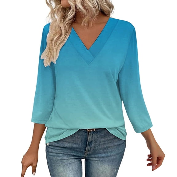 Duoif Womens Tops Long Sleeve Shirts for Women 3/4 Length Sleeve Womens Tops V Neck Casual Tunic Tops Basic Shirts Loose Fit Blouse Tops for Women Trendy Sky Blue XXXL