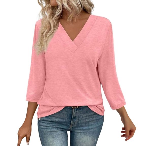 Duoif Womens Tops Long Sleeve Shirts for Women 3/4 Length Sleeve Womens Tops V Neck Casual Tunic Tops Basic Shirts Loose Fit Blouse Tops for Women Trendy Pink XXL