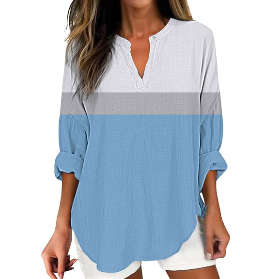 Duoif Womens Tops Long Sleeve Shirts for Women, Womens Cotton Linen Tunic Tops for Women Spring Summer V Neck Roll Up 3/4 Sleeve T Shirts Plain Graphic Tees Tops for Women Trendy Sky Blue M