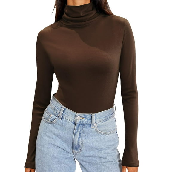 Duoif Womens Tops Long Sleeve Shirts for Women, Women's Tight High Neck Long Sleeve Shirt Soft Thermal Underwear Autumn Fashion Top Turtle Necks Tops for Women Brown XXXL