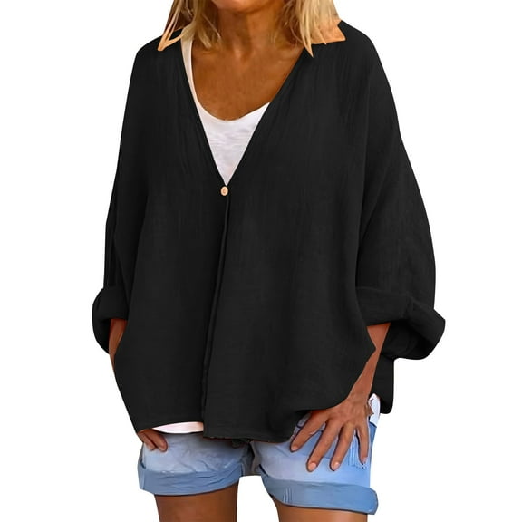 Duoif Womens Tops Long Sleeve Shirts for Women, Womens Linen Cardigans Casual Long Sleeve V Neck Open Front Lightweight Summer Fall Cover Ups Tops for Women Trendy Black L