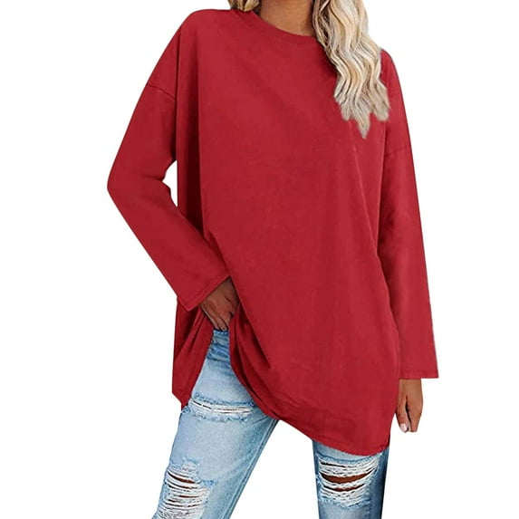 Duoif Womens Tops Long Sleeve Shirts for Women, Women's Plus Size Top Long Sleeve Crew Neck Loose T Shirt Tops for Women Trendy Red1 XXXL