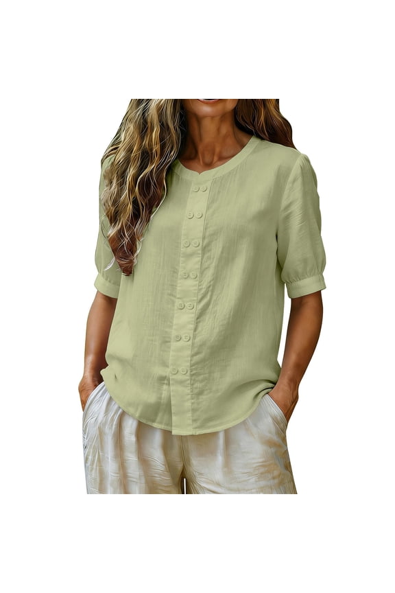 Womens Tops Original Stand Collar Double Layer Cotton Shirt 2026 Summer New Crew Neck Blouse Versatile Half Sleeve Top with Double Breasted Buttons Green XXL