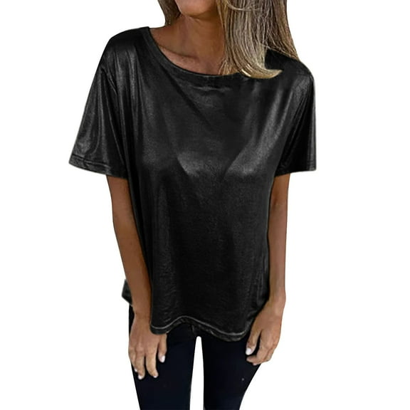 Duoif Womens Tops Shirts for Women Short Sleeve Shirts for Women Fashion Crewneck Loose Solid Ladies Tops and Blouse Comfy Tops for Women Trendy Black L