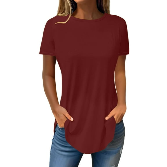 Duoif Womens Tops Shirts for Women, Women's Spring/ Round Neck Short Sleeve Irregular Hem Top Tops for Women Trendy Wine L