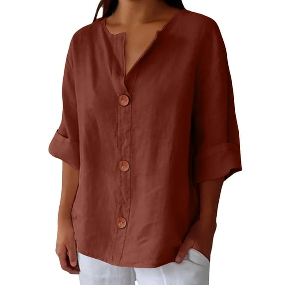 Duoif Womens Tops, Summer Cotton Linen V Neck 3/4 Sleeve Tops Loose Vacation Beach Solid Blouses Tunic Tops Shirts for Women Coffee XXXXXL