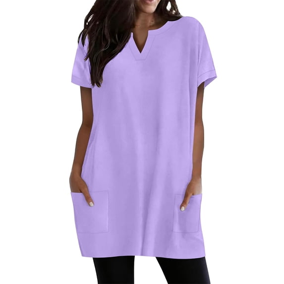 Duoif Womens Tops Women'S Casual V Neck Short Sleeve Dress Loose Fit T Shirt Dress with Pockets Purple L