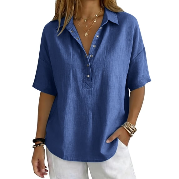 Duoif Womens Tops Women'S V Neck T Shirt Pullover Mid Sleeve Button down Shirt Blue XL