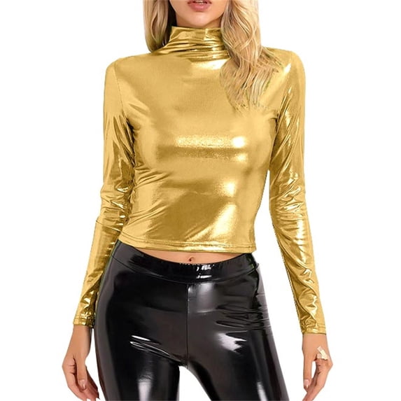 Duoif Womens Tops, Women's Metallic Liquid Mock Neck Turtleneck Crop Top Long Sleeve Shirts for Women Gold L