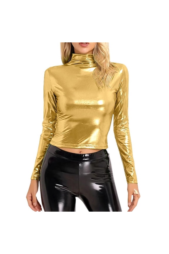 Womens Tops, Women's Metallic Liquid Mock Neck Turtleneck Crop Top Long Sleeve Shirts for Women Gold L