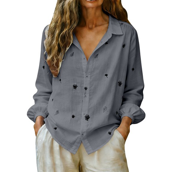 Duoif Womens Tops Womens Cotton Linen Shirt V Neck Button down Roll up Long Sleeve Lapel Blouse Tops 2026 Dark Gray XXL