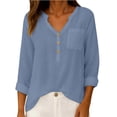 thumbnail image 1 of Duoif Womens Tops Womens Cotton Linen Tops Spring Fashion 2026 Long Sleeve V Neck Button Shirts Casual Loose Summer Light Blue XXL, 1 of 9