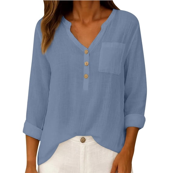 Duoif Womens Tops Womens Cotton Linen Tops Spring Fashion 2026 Long Sleeve V Neck Button Shirts Casual Loose Summer Light Blue XXL