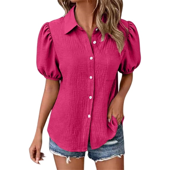 Duoif Womens Tops Womens Shirts Button down Dress Shirts Casual Short Sleeve Textured Collared Summer Work Blouse Camping Clothes Hot Pink S