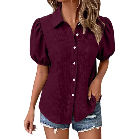 Duoif Womens Tops Womens Shirts Button down Dress Shirts Casual Short Sleeve Textured Collared Summer Work Blouse Camping Clothes Wine XL