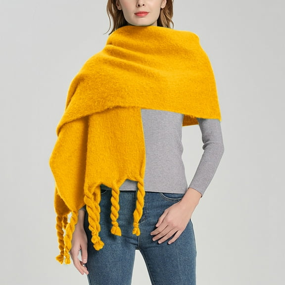 Duoif Womens Winter Scarves, Women Fall Winter Scarf Classic Tassel Plaid Scarf Warm Soft Chunky Large Blanket Wrap Shawl Scarves Scarf for Women Yellow