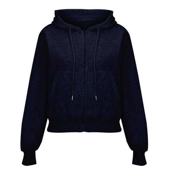 Duoif Womens Zip up Hoodies Short Zippered Solid Color Sweatshirt Jackets for Women Navy M