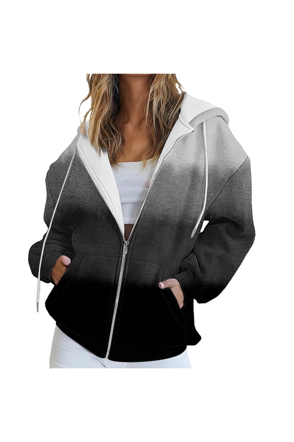 Womens Zip up Hoodies, Women's Casual Letter Print Sweatshirt with Zipper Jackets for Women Black L