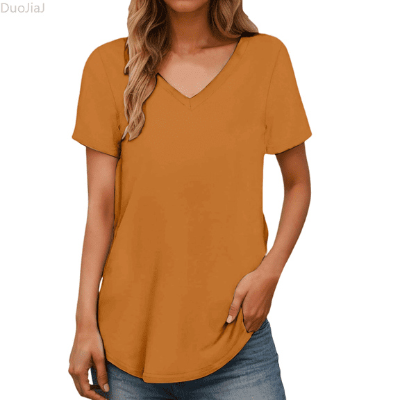 Duojiaj Classic Fit Short Sleeve V Neck Everyday Basic Top For Soft Comfortable Casual Tee Shirt Blouse For Summer Season Women's T-Shirts