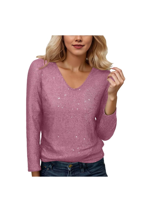 Elegant Glittering Long Sleeve Tee For Subtle Shine Blouse With Sophisticated Everyday Vibe For Work And Casual Women's Blouses