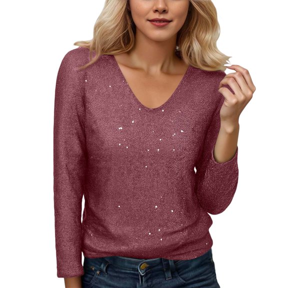 Duojiaj Elegant Glittering Long Sleeve Tee For Subtle Shine Blouse With Sophisticated Everyday Vibe For Work And Casual Women's Blouses