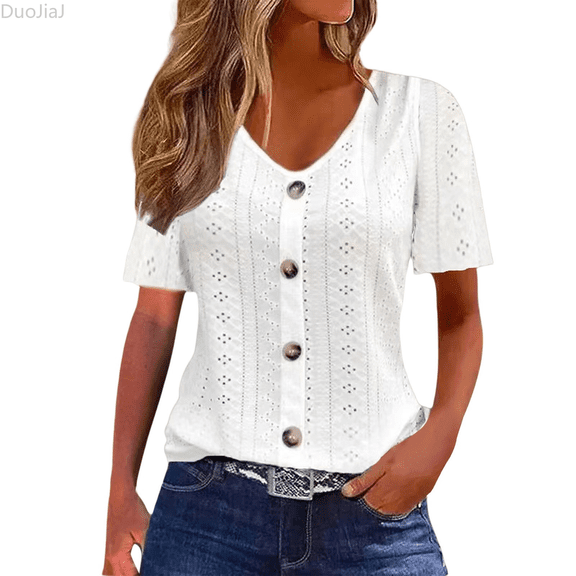 Duojiaj Fall Short Sleeve Blouse With Jacquard Collar And Button Front Elegant Solid Color Casual For Ladies Women's T-Shirts