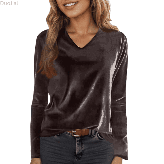 Duojiaj Female Velvet Solid V Neck Long Sleeved Base Pullover Party Velvet T Shirt Women's Blouses