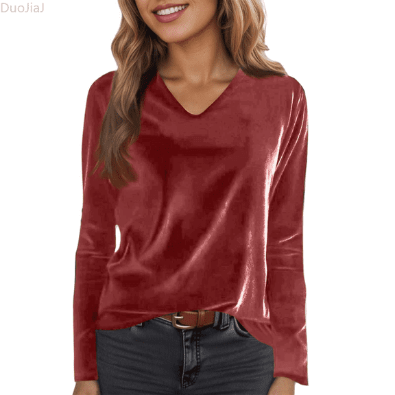 Duojiaj Female Velvet Solid V Neck Long Sleeved Base Pullover Party Velvet T Shirt Women's Blouses