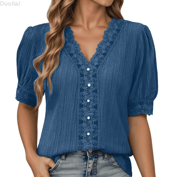 Duojiaj Lace Trim V Neck Puff Sleeve Button Down Blouses Dressy Summer Tees Shirts For Work Casual Women's T-Shirts