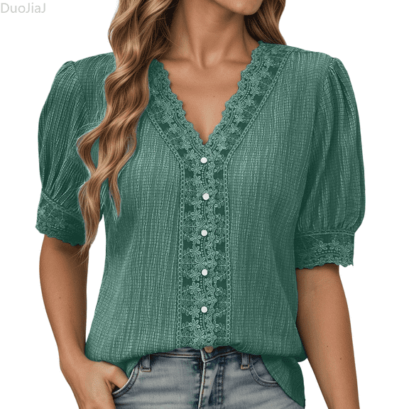 Duojiaj Lace Trim V Neck Puff Sleeve Button Down Blouses Dressy Summer Tees Shirts For Work Casual Women's T-Shirts