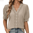 thumbnail image 1 of Duojiaj Lace Trim V Neck Puff Sleeve Button Down Blouses Dressy Summer Tees Shirts For Work Casual Women's T-Shirts, 1 of 3