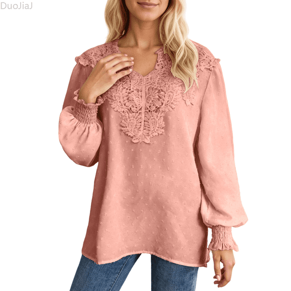 Duojiaj Long Sleeve T Shirt Elegant Lace Collar Casual Top Solid Color Basic Tee Comfortable Daily Wear Soft Breathable Fabric Fashion Fall Winter Blouse Women's Blouses