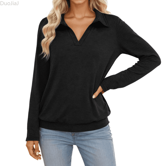 Duojiaj Long Sleeve T Shirt Fall Winter Knit Collar Solid Color Fashion Casual Loose Fit Comfortable Soft Basic Top For Everyday Wear Women's Blouses