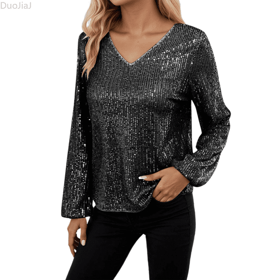 Duojiaj Long Sleeved V Neck Slim European And Fashion Dress Sequined Casual Top T Shirt Women's Blouses