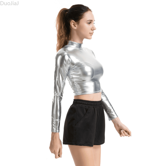 Duojiaj Metallic Neck Turtleneck Long Sleeve Crop Top