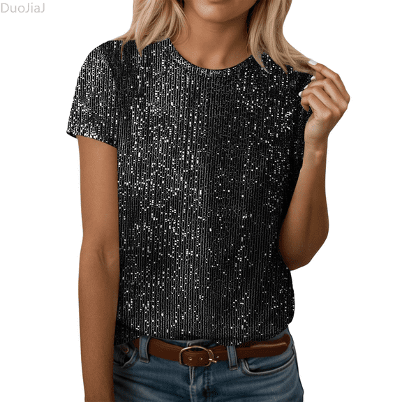 Duojiaj Round Neck T Shirt With Fashionable And Shiny Sequined Short Sleeved Top Paired With A Casual Solid Colored Elegant And Comfortable Top Women's T-Shirts