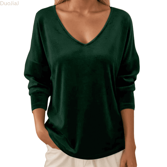 Duojiaj Solid Velvet V Neck Long Sleeved Base Layer Pullover Party Velvet T Shirt Women's Blouses