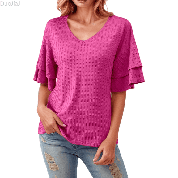 Duojiaj Stylish Women's V Neck Ruffle Sleeve T Shirt For Everyday Casual Wear Women's T-Shirts