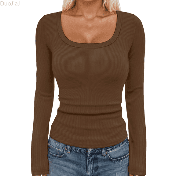 Duojiaj Women's Basic Ribbed Knit Square Neck Long Sleeve T Shirt Fall Fashion Casual Stretch Fit Comfortable Top For Girls And Teens Women's Blouses