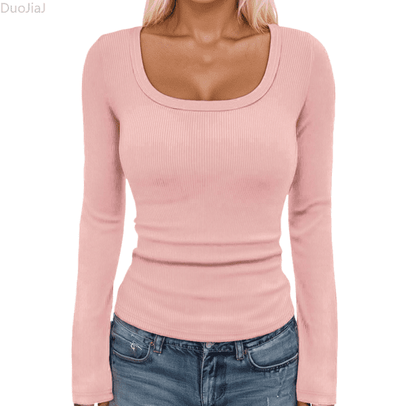 Duojiaj Women's Basic Ribbed Knit Square Neck Long Sleeve T Shirt Fall Fashion Casual Stretch Fit Comfortable Top For Girls And Teens Women's Blouses