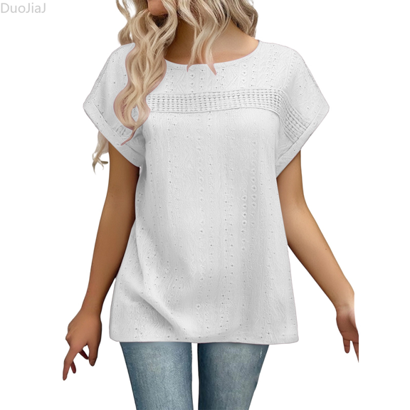 Duojiaj Women's Casual Loose Fit Round Neck Short Sleeve T Shirt Floral Lace Hollow Out Design Comfortable Breathable Top For Daily Wear Vacation Spring Summer Fall Womens T Shirts