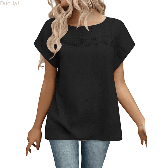 Duojiaj Women's Casual Loose Fit Round Neck Short Sleeve T Shirt Floral Lace Hollow Out Design Comfortable Breathable Top For Daily Wear Vacation Spring Summer Fall Womens T Shirts