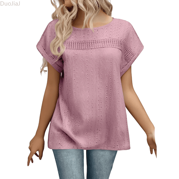 Duojiaj Women's Casual Loose Fit Round Neck Short Sleeve T Shirt Floral Lace Hollow Out Design Comfortable Breathable Top For Daily Wear Vacation Spring Summer Fall Womens T Shirts