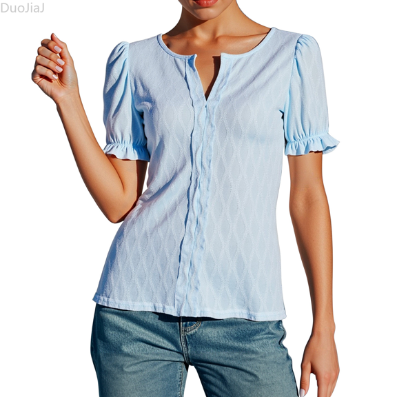 Duojiaj Women's Casual Loose Fit Short Sleeve T Shirt With Puff Sleeves And Jacquard Design For Spring Summer Fall Everyday Wear Vacation Womens T Shirts